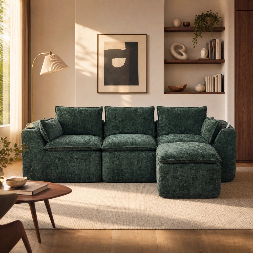 Divano modulare 3 posti con pouf; tasche laterali e cuscini; in chenille verde; 256x161x75 cm