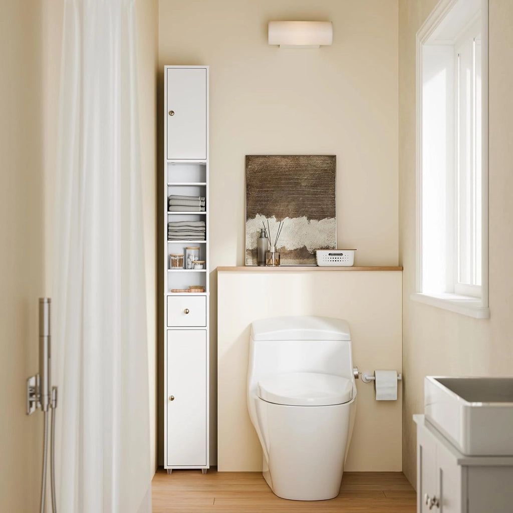 Mobile Bagno Alto e Stretto, Mobili Salvaspazio Mobiletto a Colonna da Terra con Ripiani Regolabili e Cassetto Armadietto per Bagno e Lavanderia 20×20×180 cm BZR34-II-W