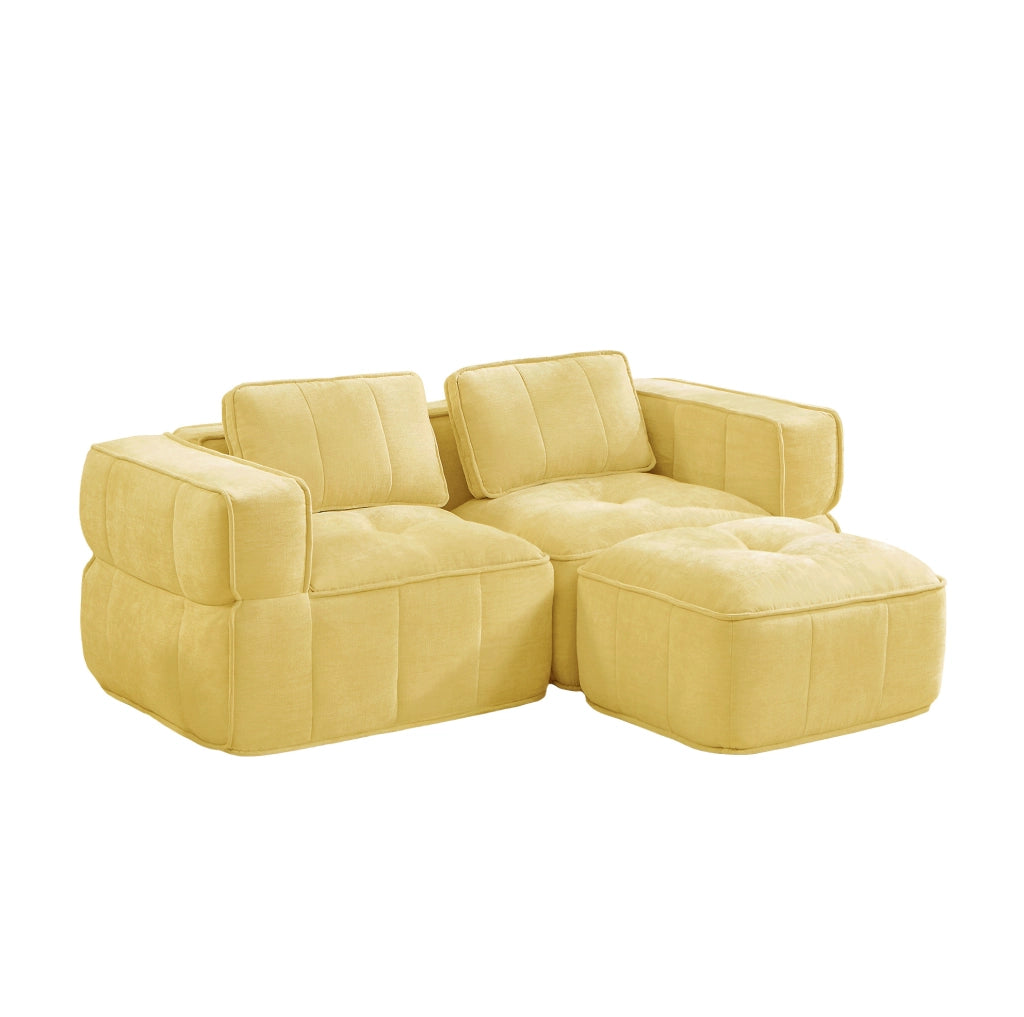 Divano modulare 2 posti ad angolo con pouf 198x162x67 cm in poliestere giallo