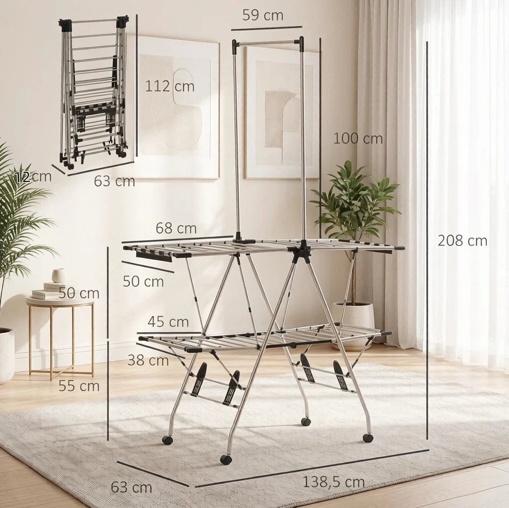 STENDIBIANCHERIA Pieghevole con Ruote 138,5x63x208 cm Nero e Argento
