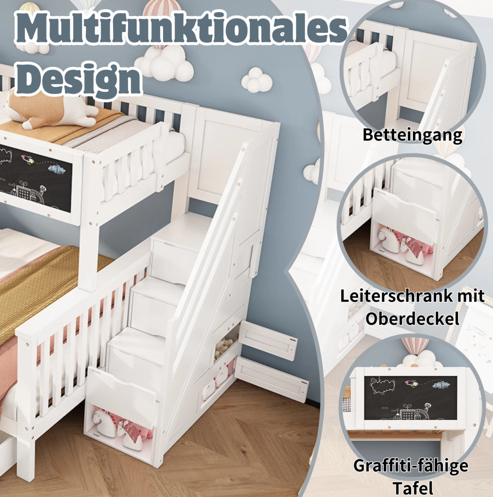 Letto a castello per bambini con lavagna e cassetti; 90x200 + 140x200; bianco