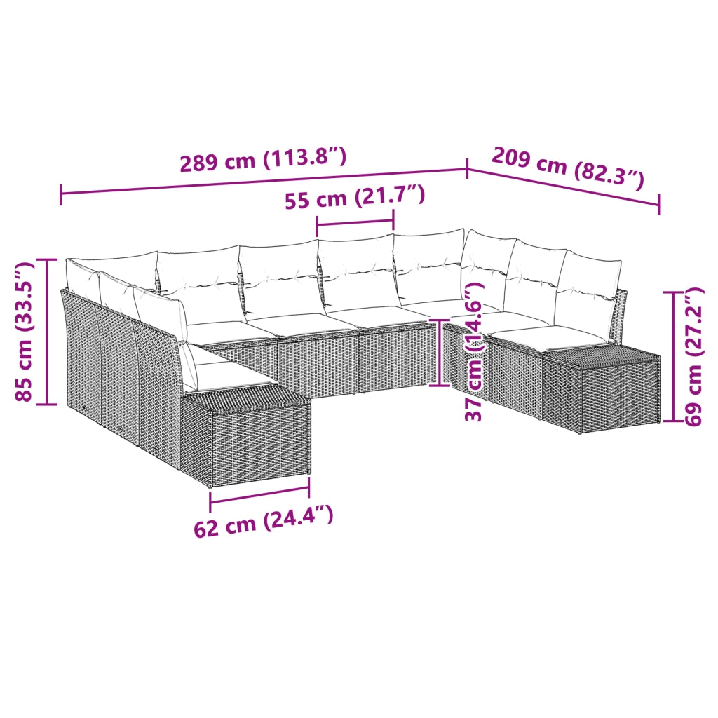 Set da giardino 9 pezzi con cuscini in polyrattan marrone