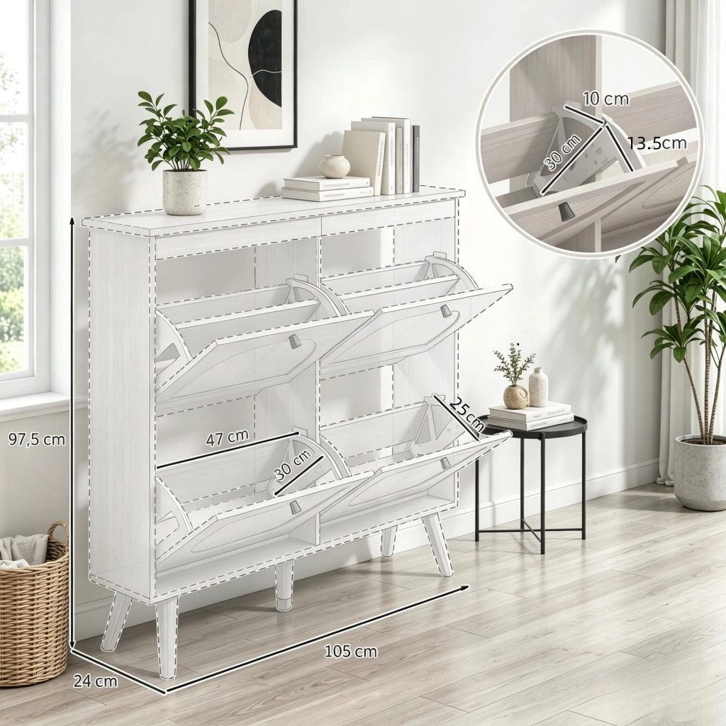 SCARPIERA con 4 cassetti ribaltabili 105x24x97,5 cm Legno naturale Rattan