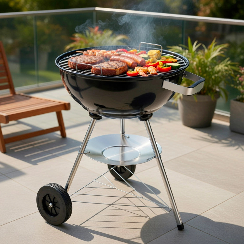 Barbecue A Carbone Con Coperchio Griglia In Acciaio Cromato Ruote Per Trasporto Facile Da Montare Per Giardino Campeggio E Terrazza 51 x 46.5 x 78 Cm Nero