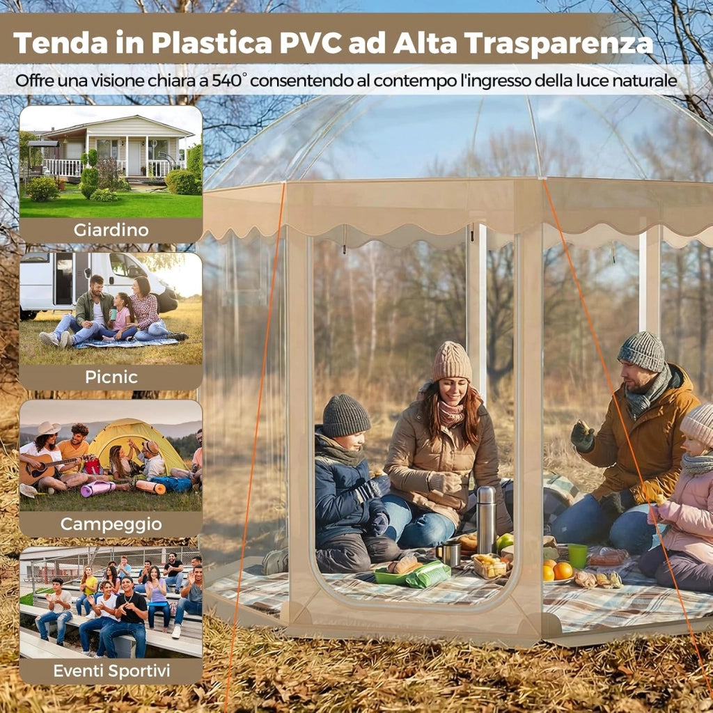 Tenda a Bolla Trasparente, Vista Panoramica a 540°, Tenda Sportiva Pop-up con 8 Corde Antivento, 16 Picchetti, 4 Sacchi di Sabbia e Borsa per Eventi Sportivi, Pesca e Campeggio