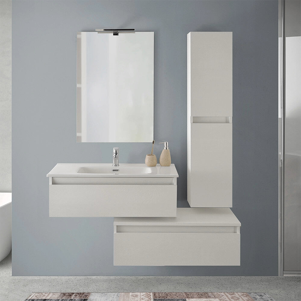 Mobile bagno sospeso 80 cm rovere bianco con 2 cassetti e pensile Nadia