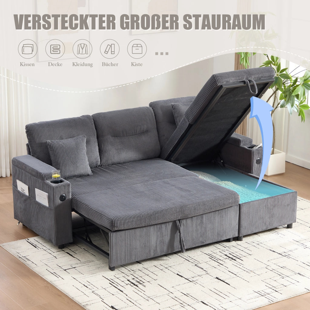 Divano letto con chaise longue contenitore USB C e portabicchiere in velluto a coste grigio carbone 212,5 × 136 × 86 cm