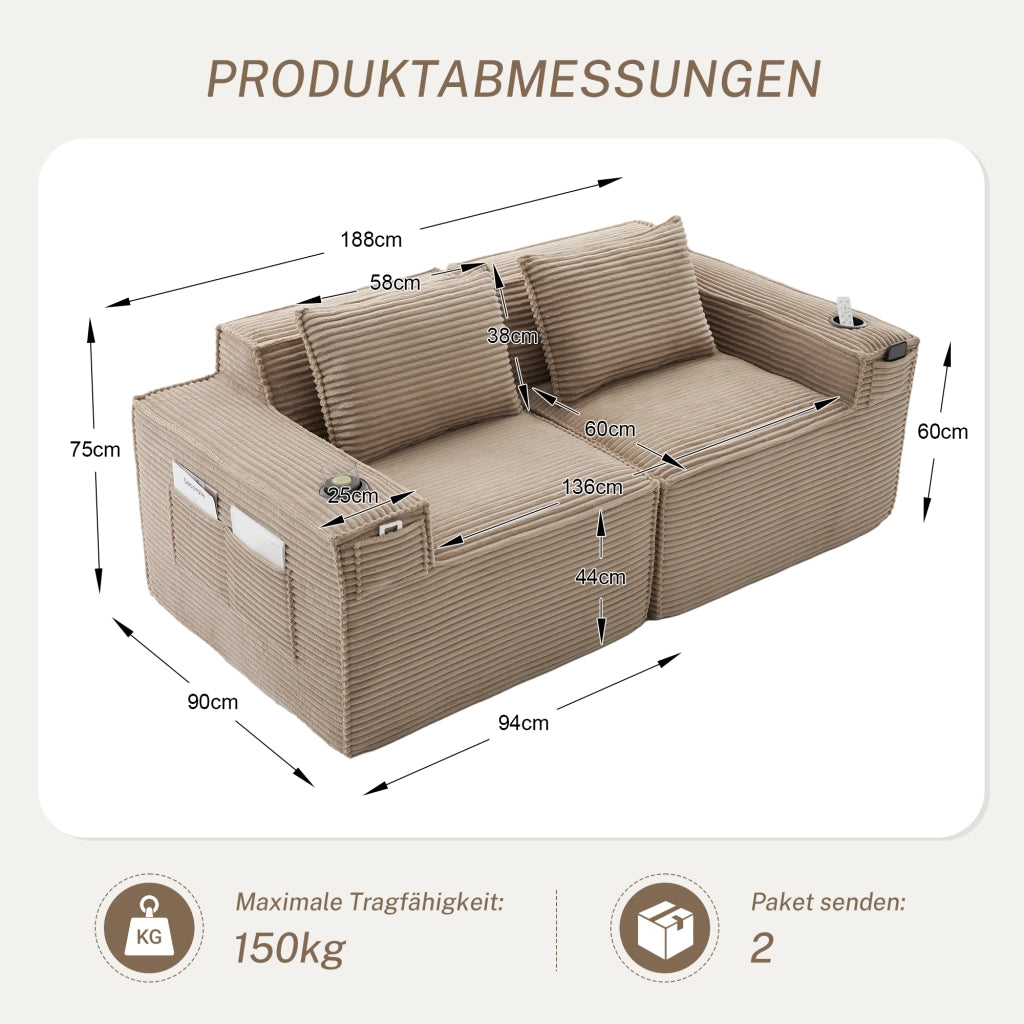 Divano modulare a 2 posti con portabicchieri e tasche laterali in velluto a coste khaki 188 × 90 × 75 cm