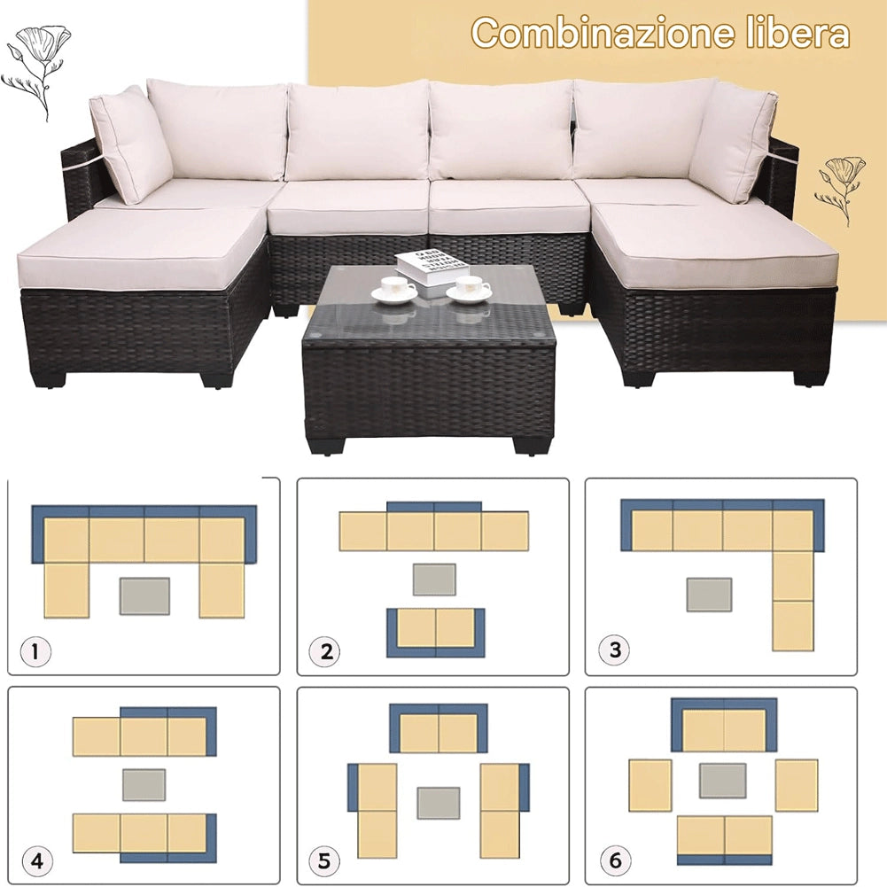 Set Patio Divano Modulabile da Esterno in Polyrattan Cuscini Beige da Giardino
