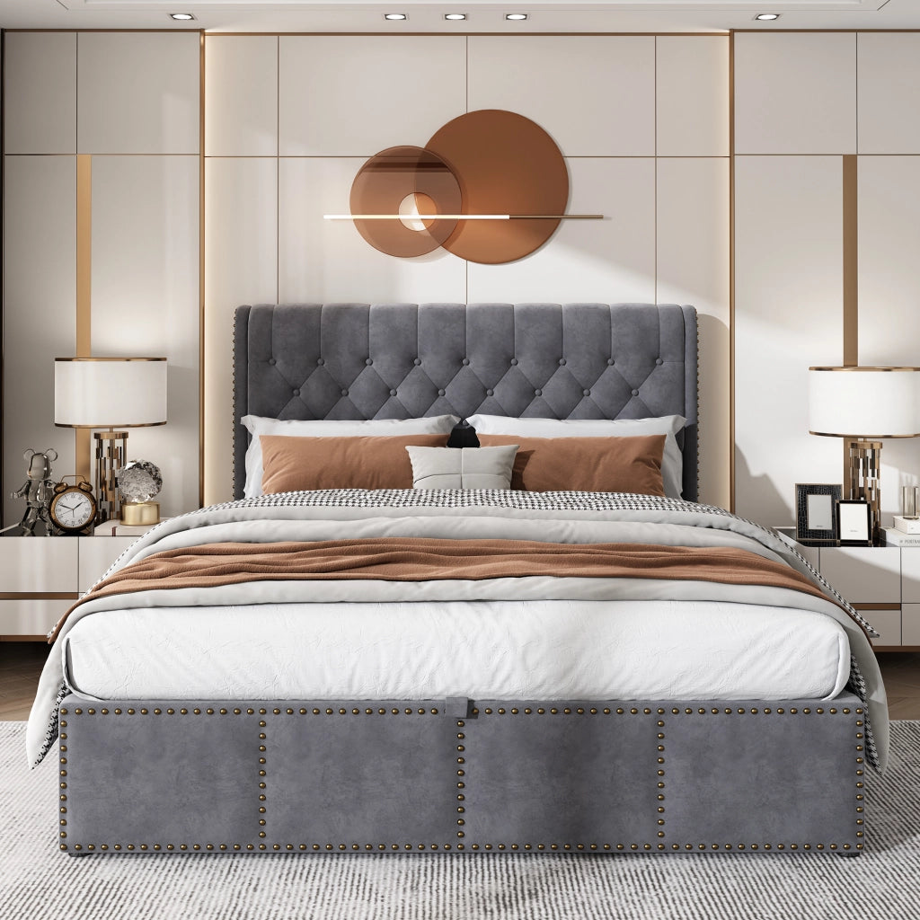 OKWISH Letto Contenitore 160×200 cm, Letto Matrimoniale con Contenitore, Testiera Imbottita e Borchie, senza Materasso, in Velluto, Grigio