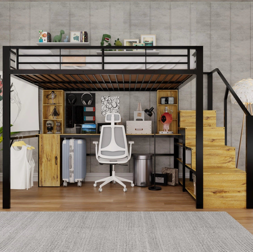Letto a soppalco nero con scrivania, armadio, scala contenitore e USB