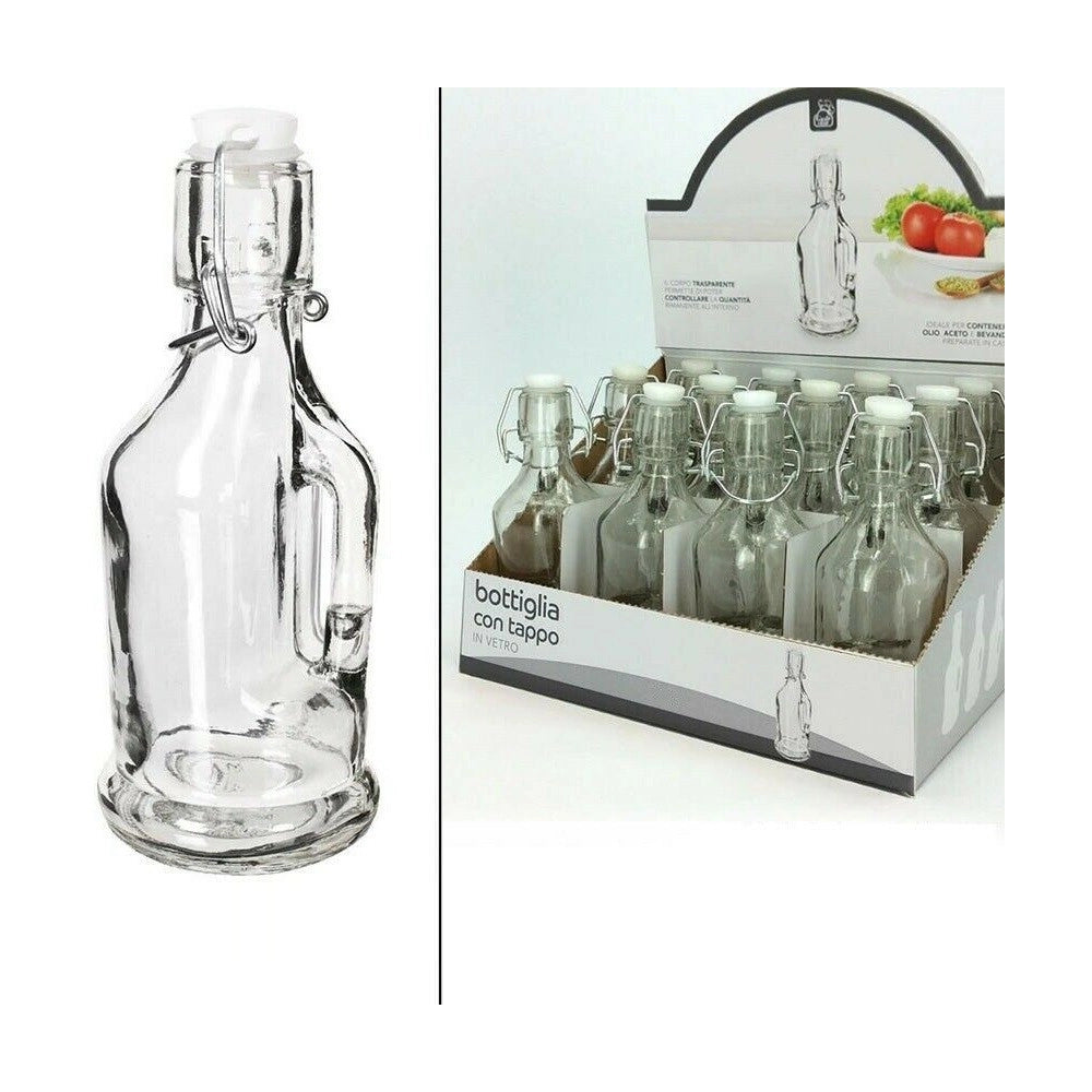Trade Shop - Set 12 Pezzi Bottiglie Bottigline Vetro Trasparente Con Tappo E Manico 175ml -