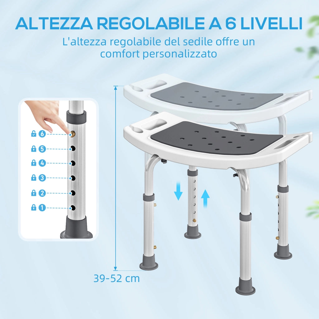 Sgabello da Doccia Altezza Regolabile 6 Livelli 39-52 cm in Lega di Alluminio e Plastica Antiscivolo Grigio
