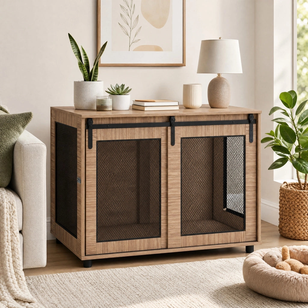 Gabbia per cani 98x60x78 cm con porta scorrevole in legno noce