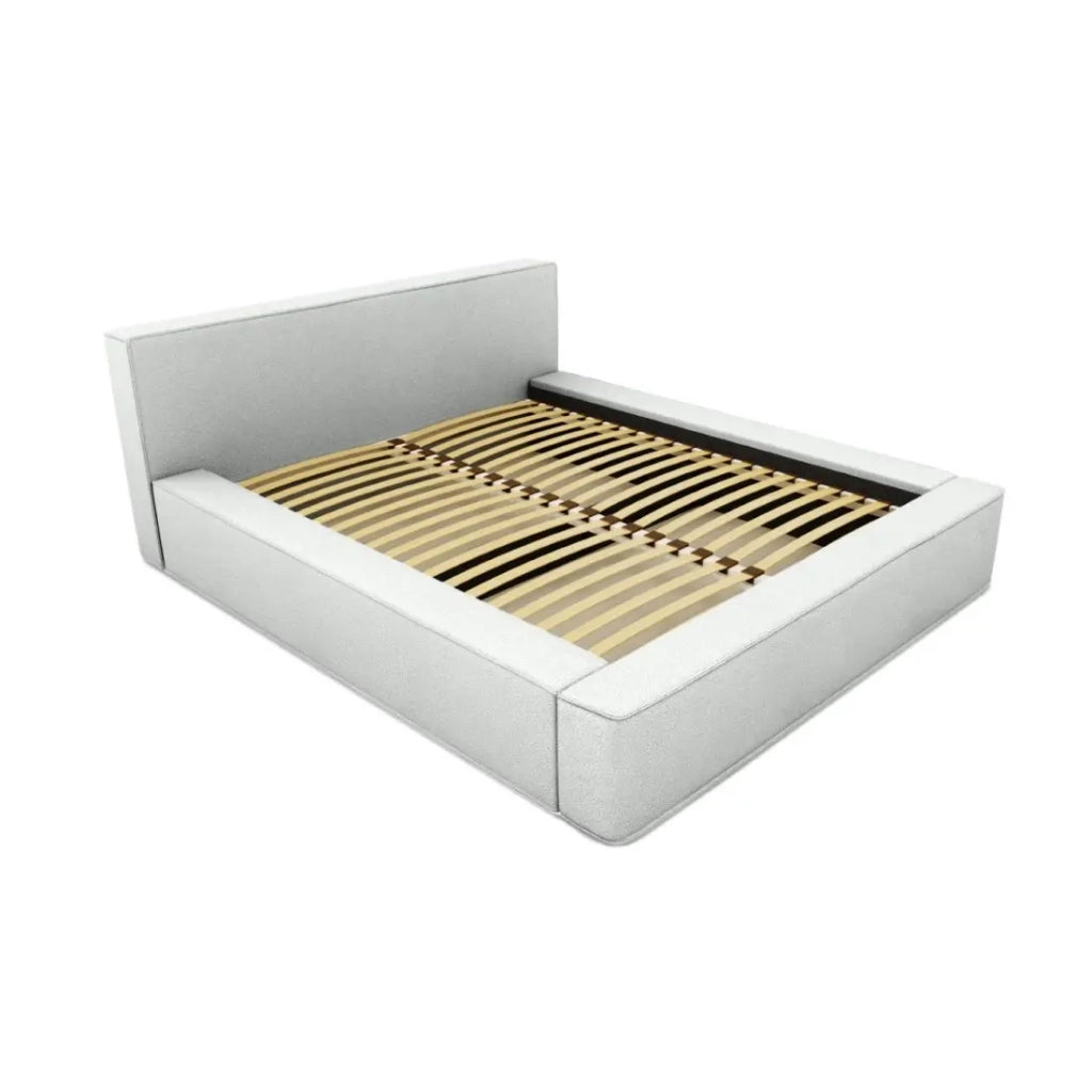 Letto contenitore VELORA – Bianco riccioluto – 180x200 cm – Tessuto effetto lana – Rete sollevabile – Contenitore integrato