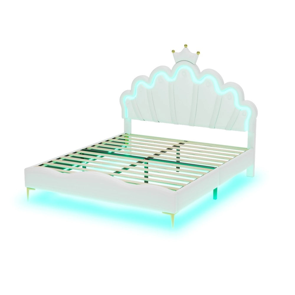 Letto Matrimoniale Imbottito con LED ¨C Minimal ¨C Bianco Similpelle 140x200 cm