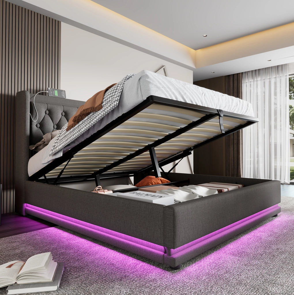 Letto imbottito 140x200 cm con materasso, contenitore, USB Type-C e LED