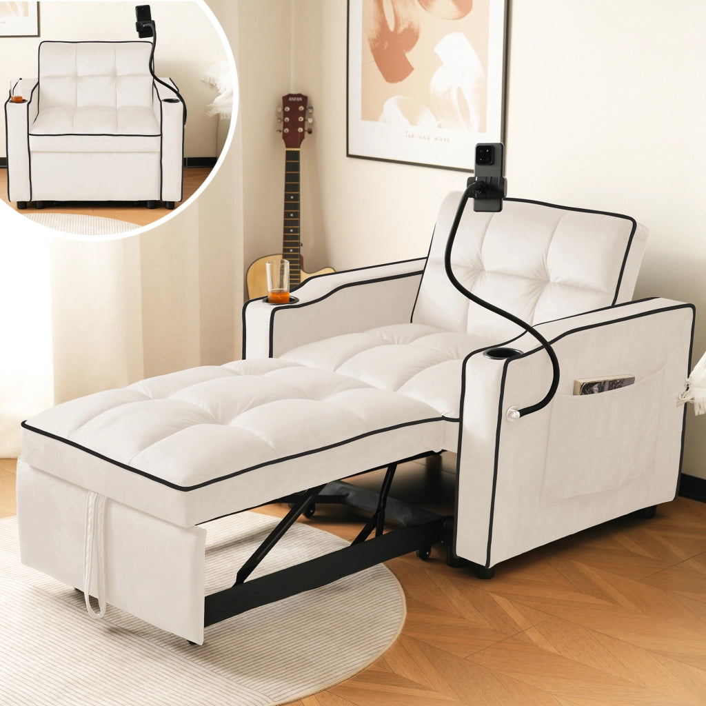 DIVANO LETTO 3-in-1 83 x 167 x 76 cm Beige con portabicchieri e supporto telefono