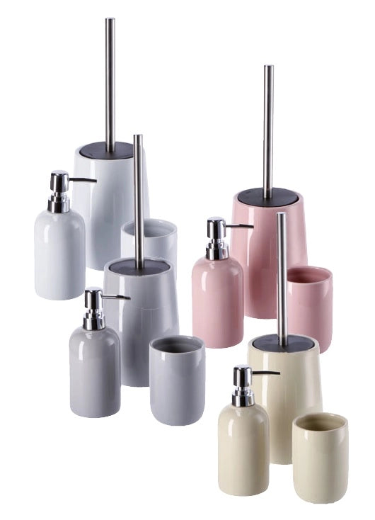 Set Accessori Bagno in Ceramica Dispenser Portaspazzolino e Scopino 4 Colori