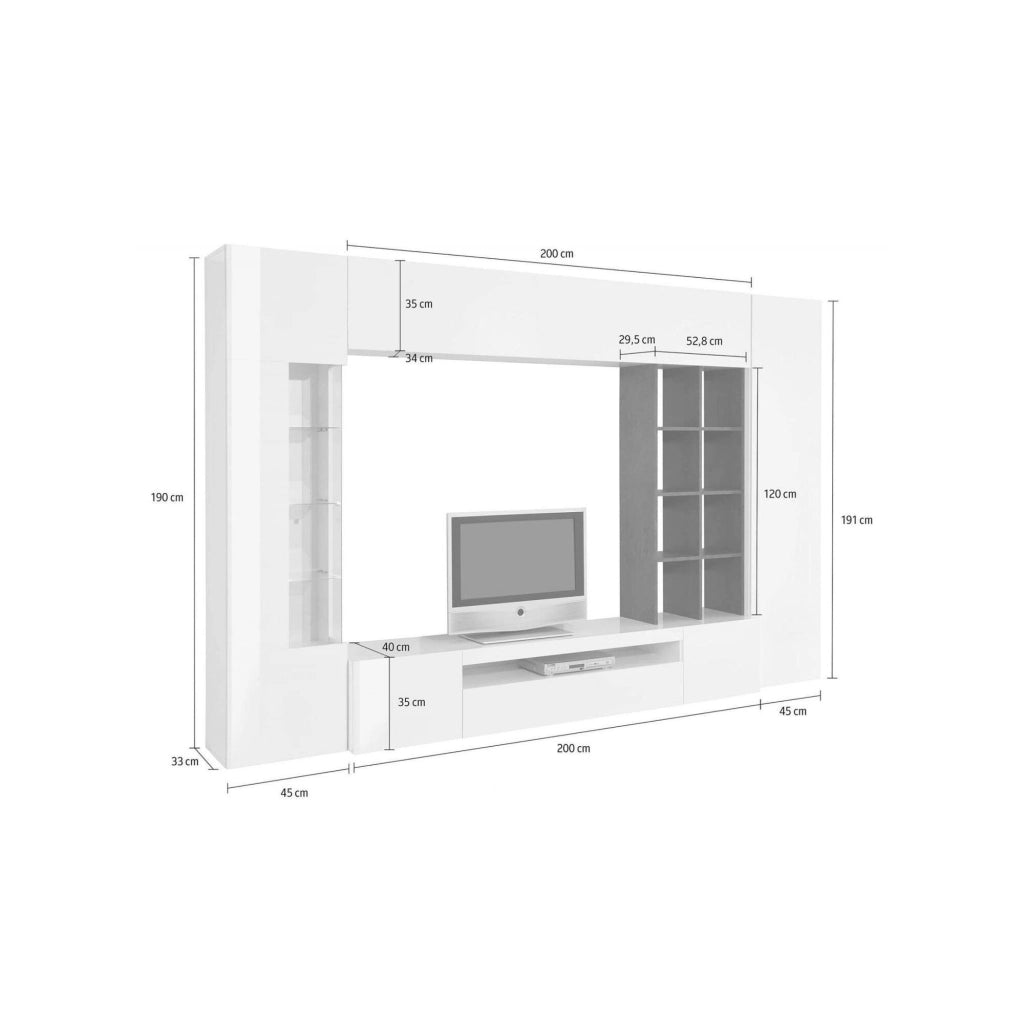 Mobile Soggiorno Andy, Parete Attrezzata 20 Ripiani Made in Italy, 290x40x192h cm Bianco Lucido