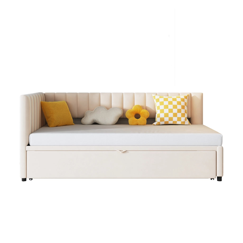 OKWISH Letto a Scomparsa 90×200 cm, Letto Singolo con Letto Estraibile, Schienale e Testiera, senza Materasso, in Velluto, Beige
