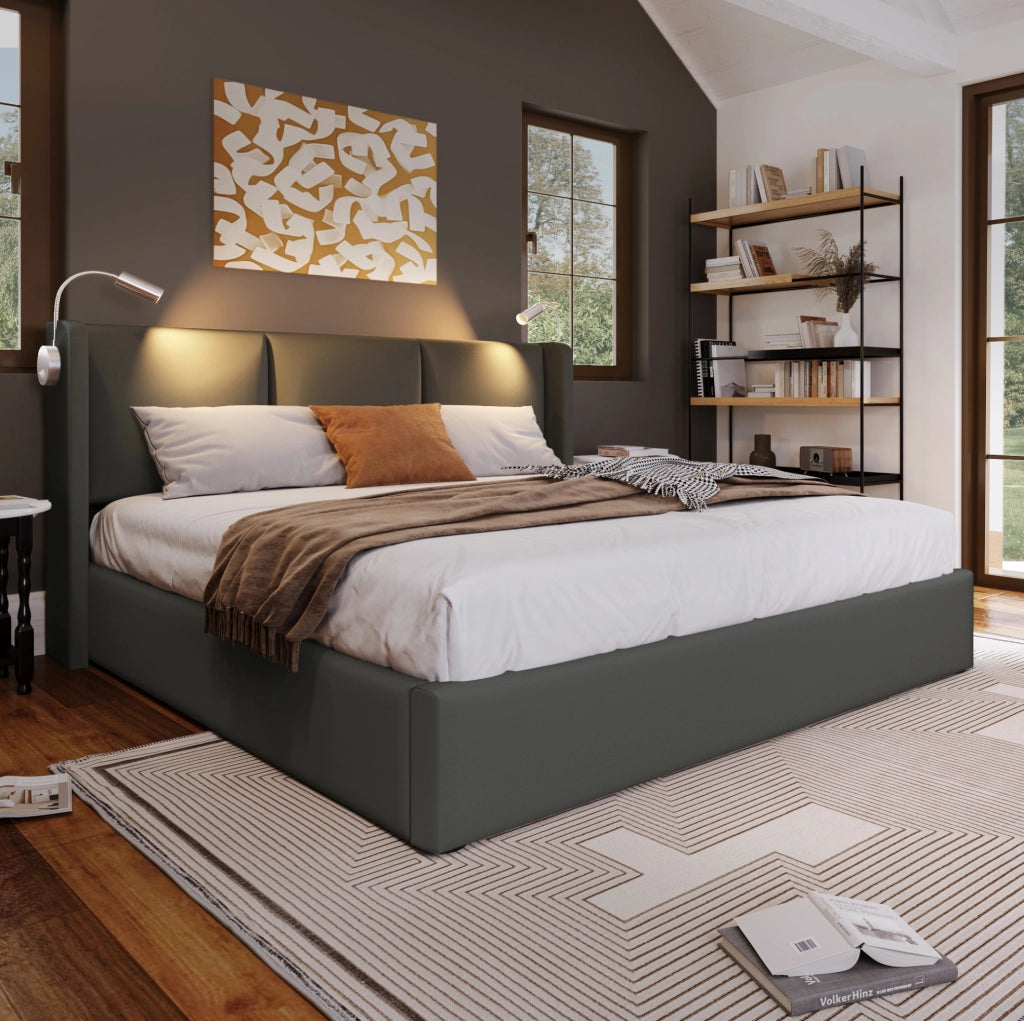 Letto imbottito 140x200 cm grigio con materasso, contenitore, luce USB