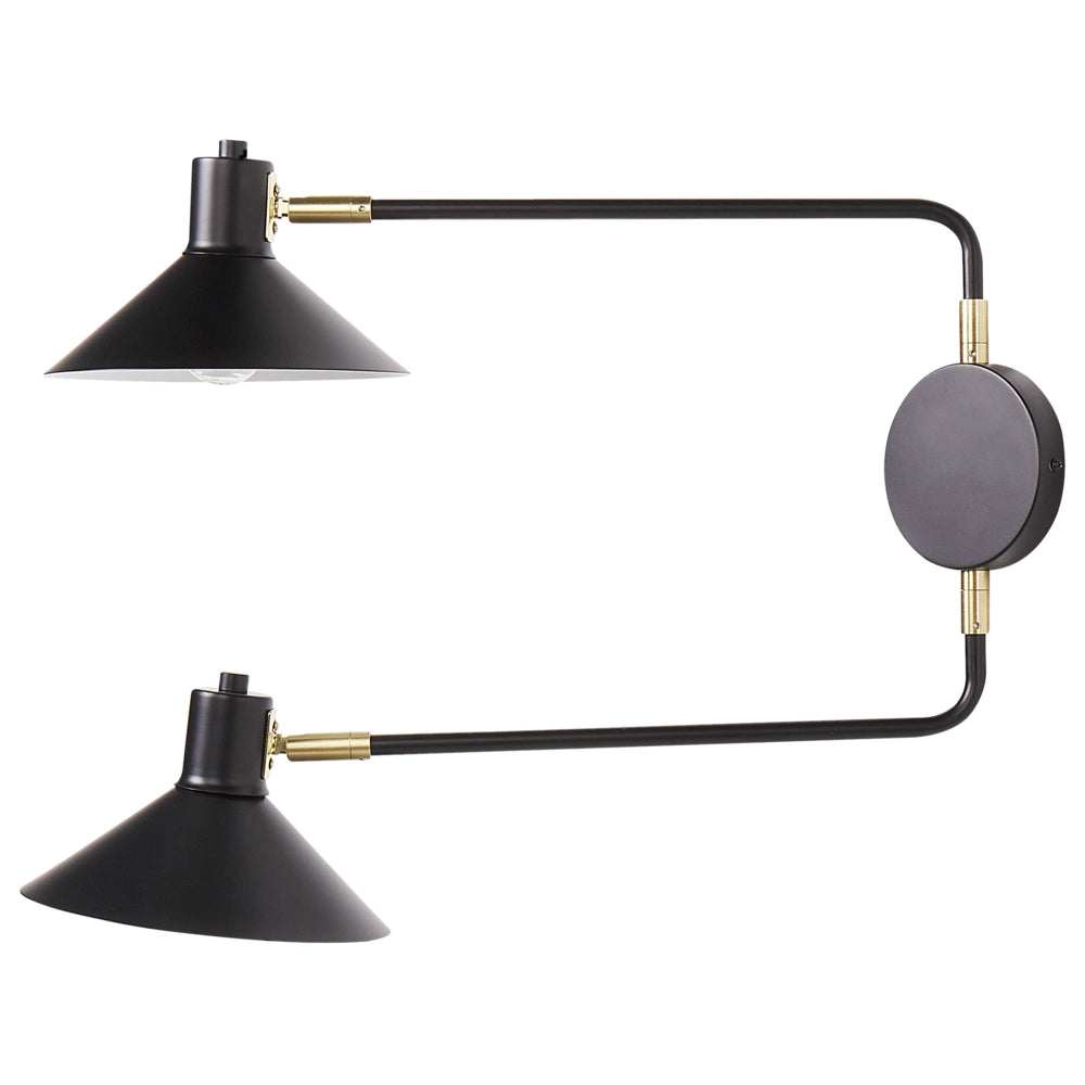 Lampada da parete in acciaio nero a 2 luci con paralumi a tamburo regolabili con elementi dorati Soggiorno moderno industriale Camera da letto