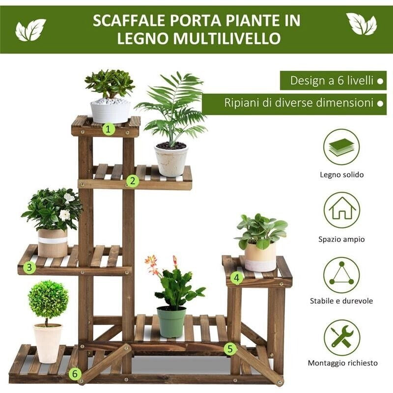 SCAFFALE PORTA PIANTE ASIMMETRICO A 6 LIVELLI PER GIARDINO E CASA IN LEGNO, 98X28X96.5 CM