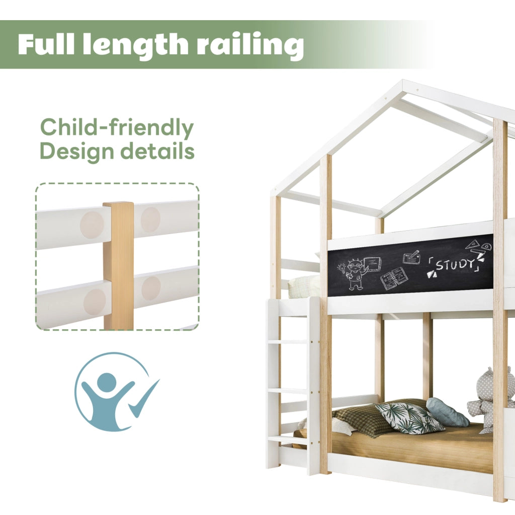 Hochbett per bambini a forma di casetta 90x200 cm con scala e lavagna; bianco in legno massello