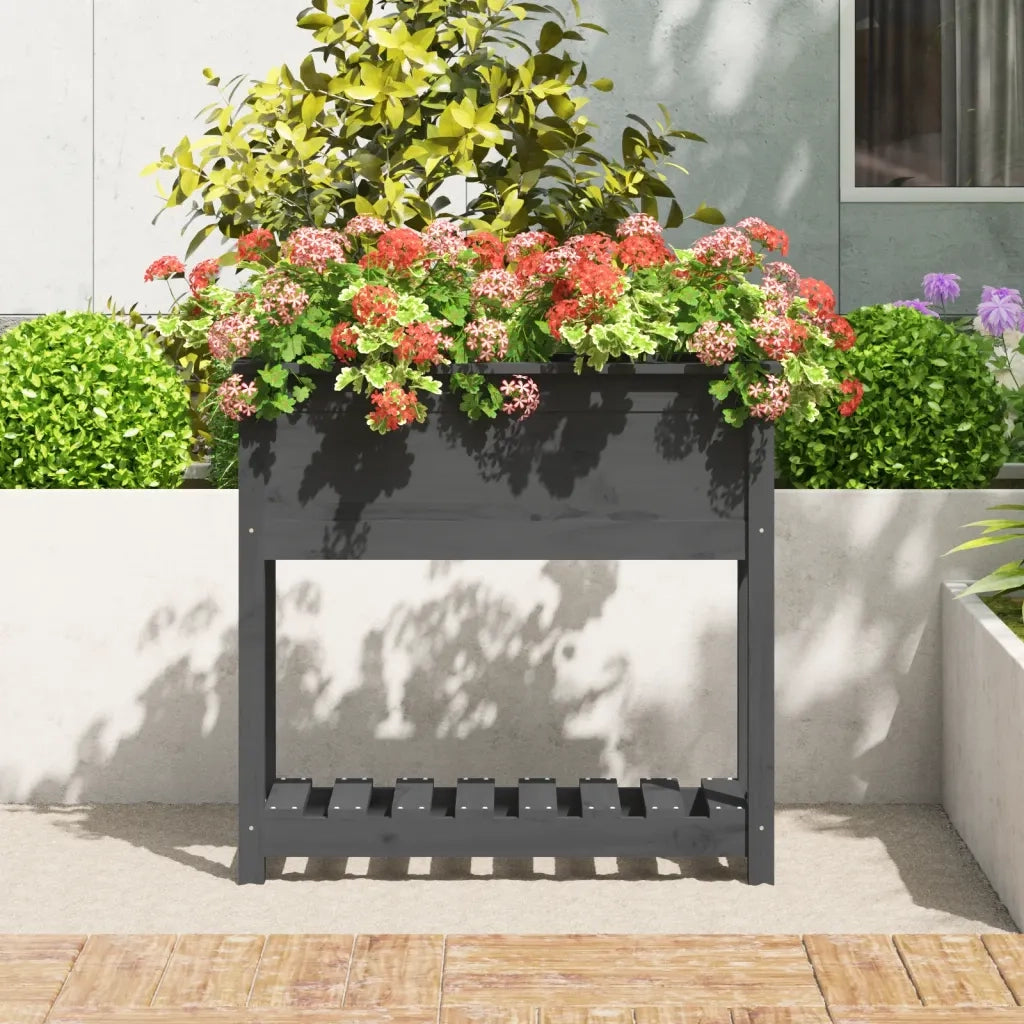 Fioriera con Mensola-Vaso con Ripiano-Contenitore per Piante Grigia 82,5x34,5x81cm Legno Massello Pino