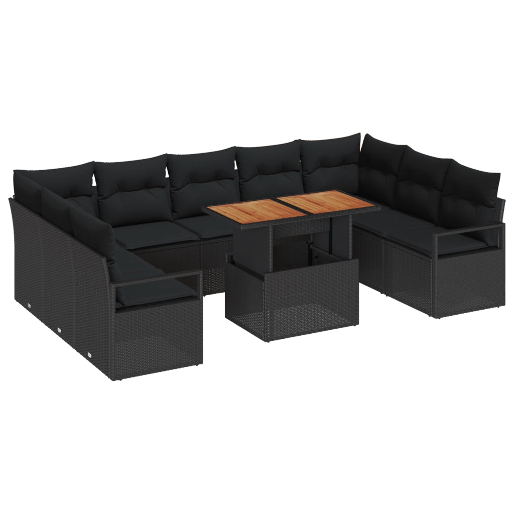 Set da giardino 10 pezzi  con cuscini neri in polyrattan e acacia
