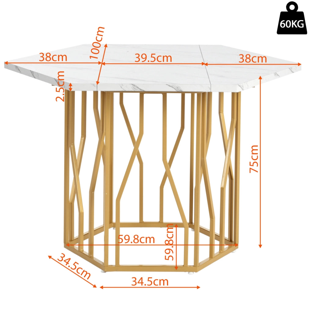 Tavolo da pranzo esagonale 115;5 x 100 cm in MDF effetto marmo bianco con base in metallo oro