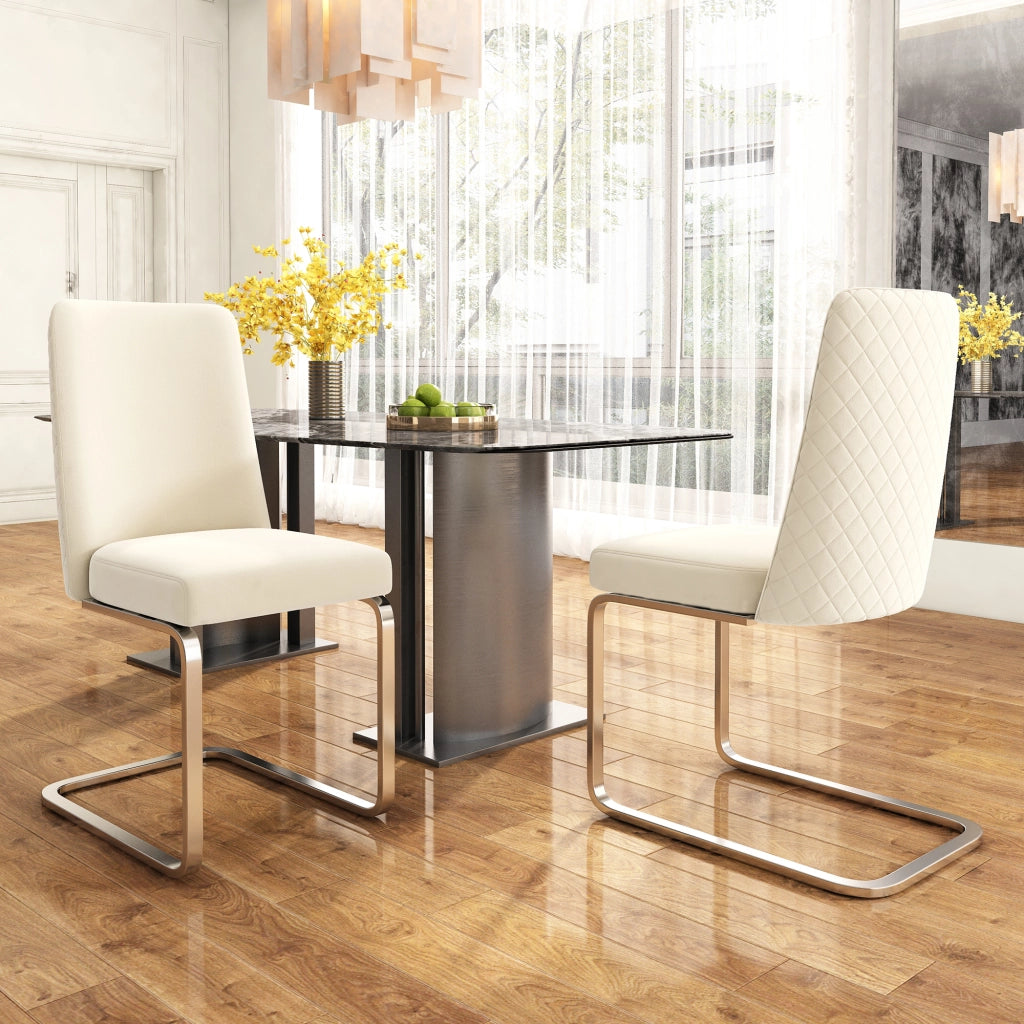 Sedia da pranzo in velluto 2 pezzi con schienale a rombi e gambe in metallo per soggiorno beige e argento