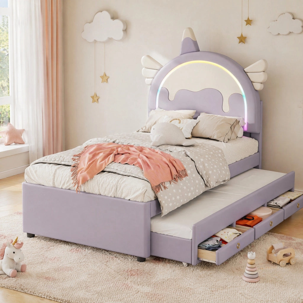 LETTO per bambini a forma di unicorno 90x200 cm PU viola con letto estraibile