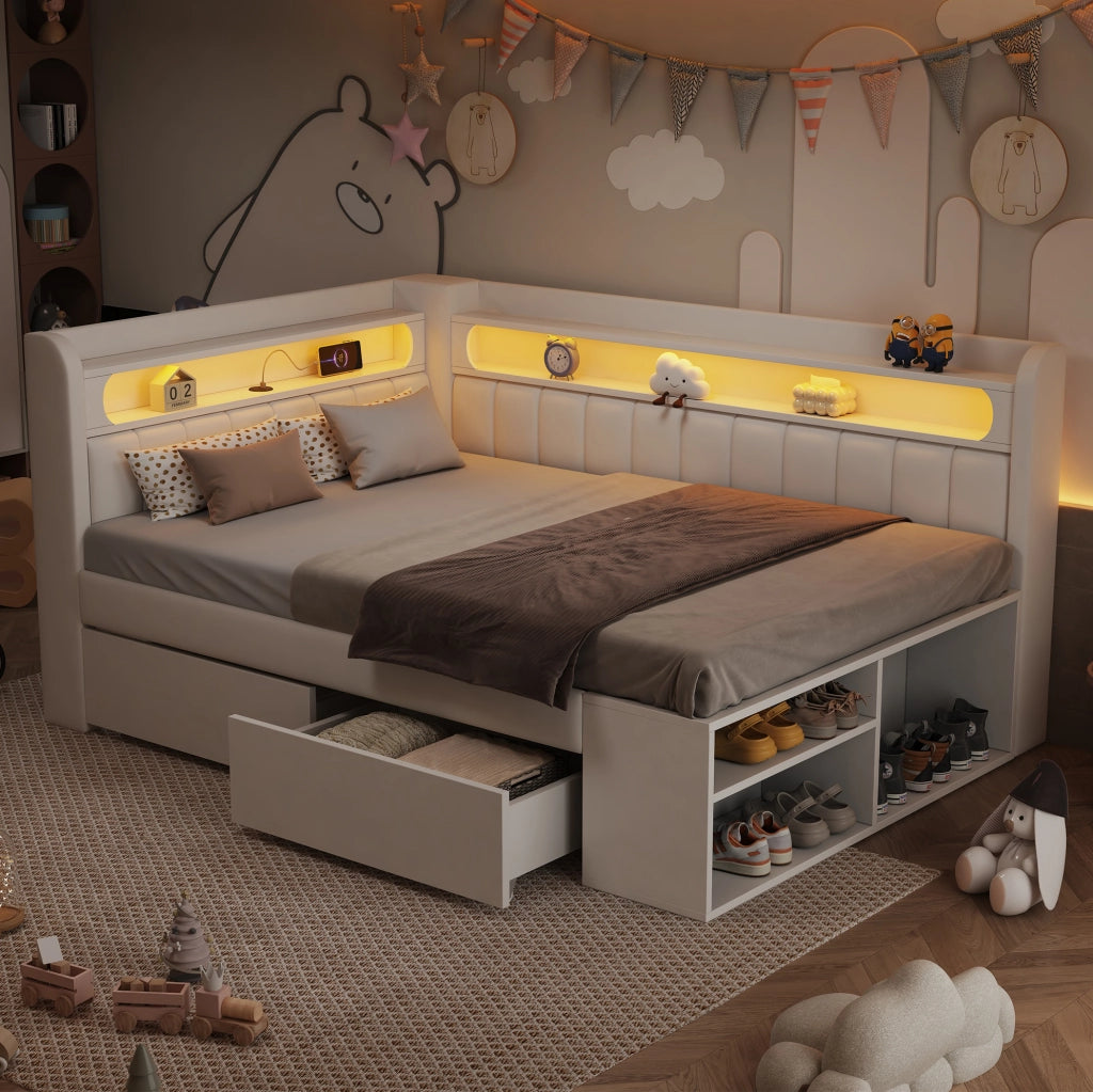 Letto pieghevole imbottito 90x200 cm con LED, USB, due cassetti e scarpiera bianco