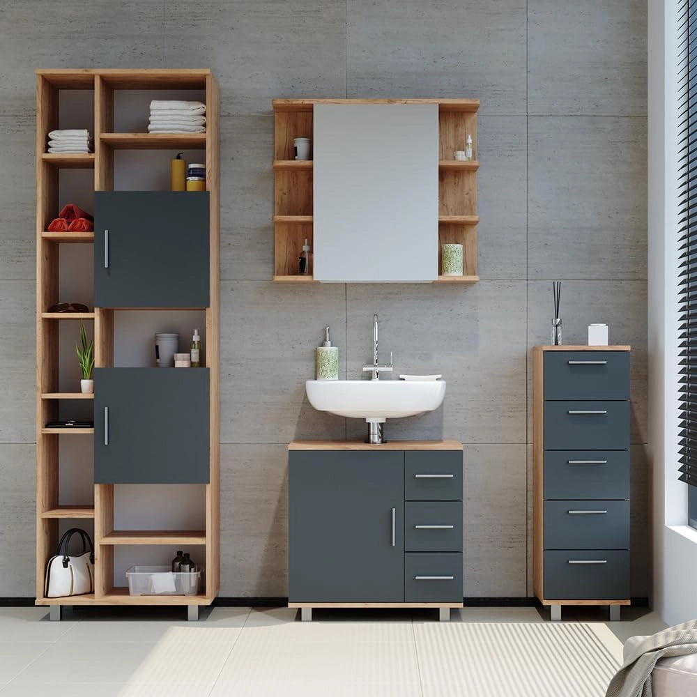 Cassettiera da bagno Ilias, Quercia dorata, 30 x 95 cm, adatto per il montaggio a parete e combinabile con la serie Ilias