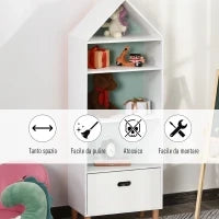 Libreria Scaffale Portagiochi per Cameretta Bimbi e Ragazzi, 1 Cassetto e 4 Ripiani, Bianca e Azzurra 50x30x142cm