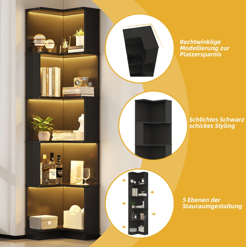 Libreria angolare a L con LED, 5 ripiani, nero