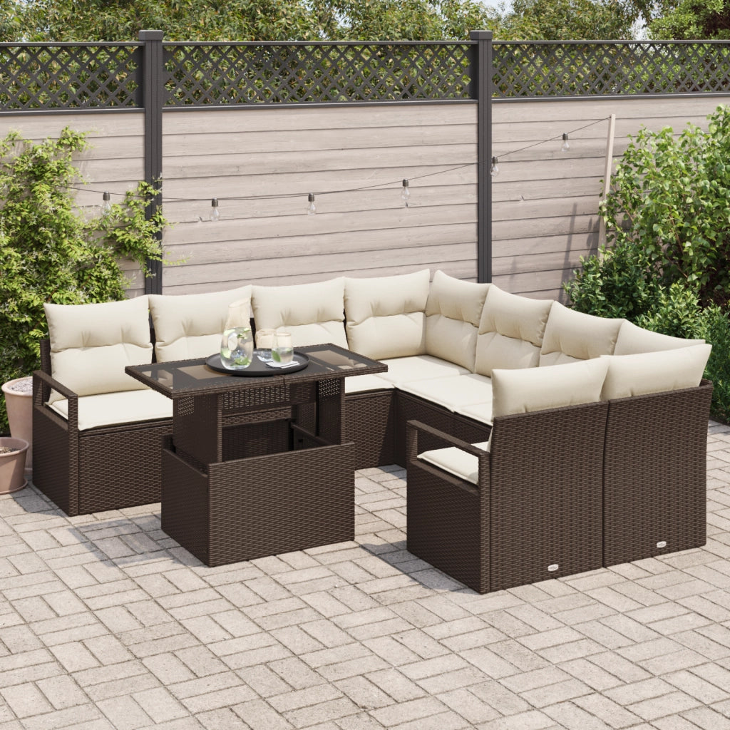 Set Divano da Giardino in 9 Pezzi con Cuscini Marrone Polyrattan