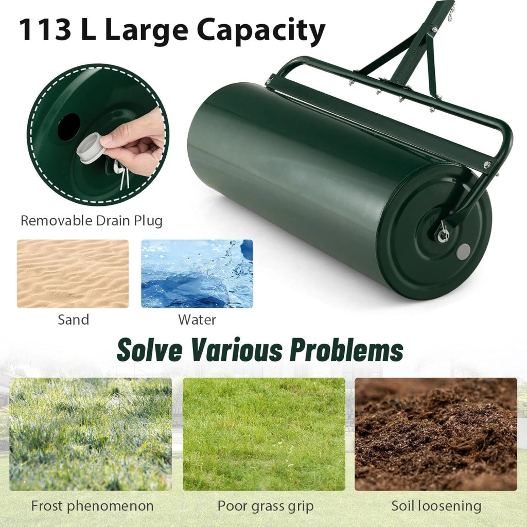 Rullo da Giardino Ø40 cm e 90 di Larghezza, Rullo da Prato in Metallo Manuale e per Trattorino, Rullo con Raschiatore Antisporco e Riempibile con Acqua/Sabbia (Verde, 113L)