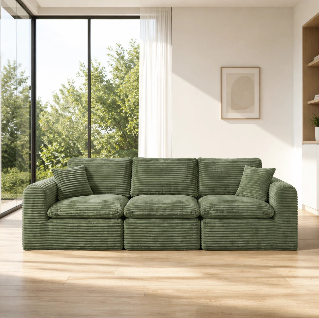 Divano modulare componibile 3 in 1 verde in velluto a coste; con schiuma e molle