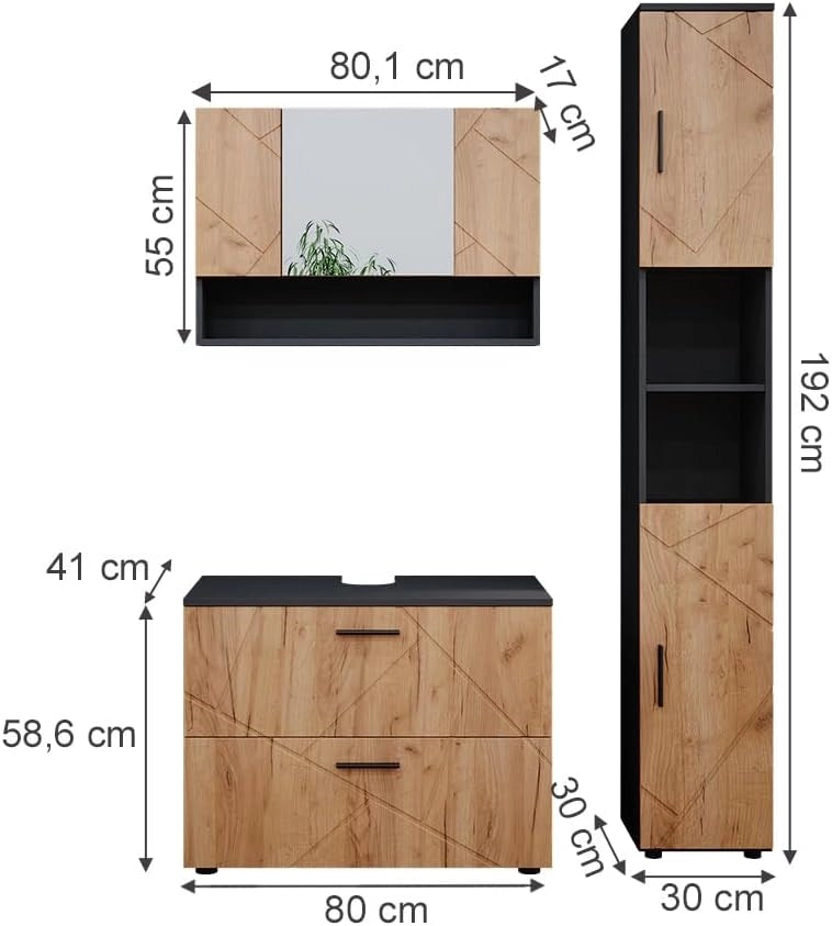 Set mobili bagno Irma, Quercia dorata/antracite, 80 cm, composto da mobile sottolavabo, specchiera e colonna alta