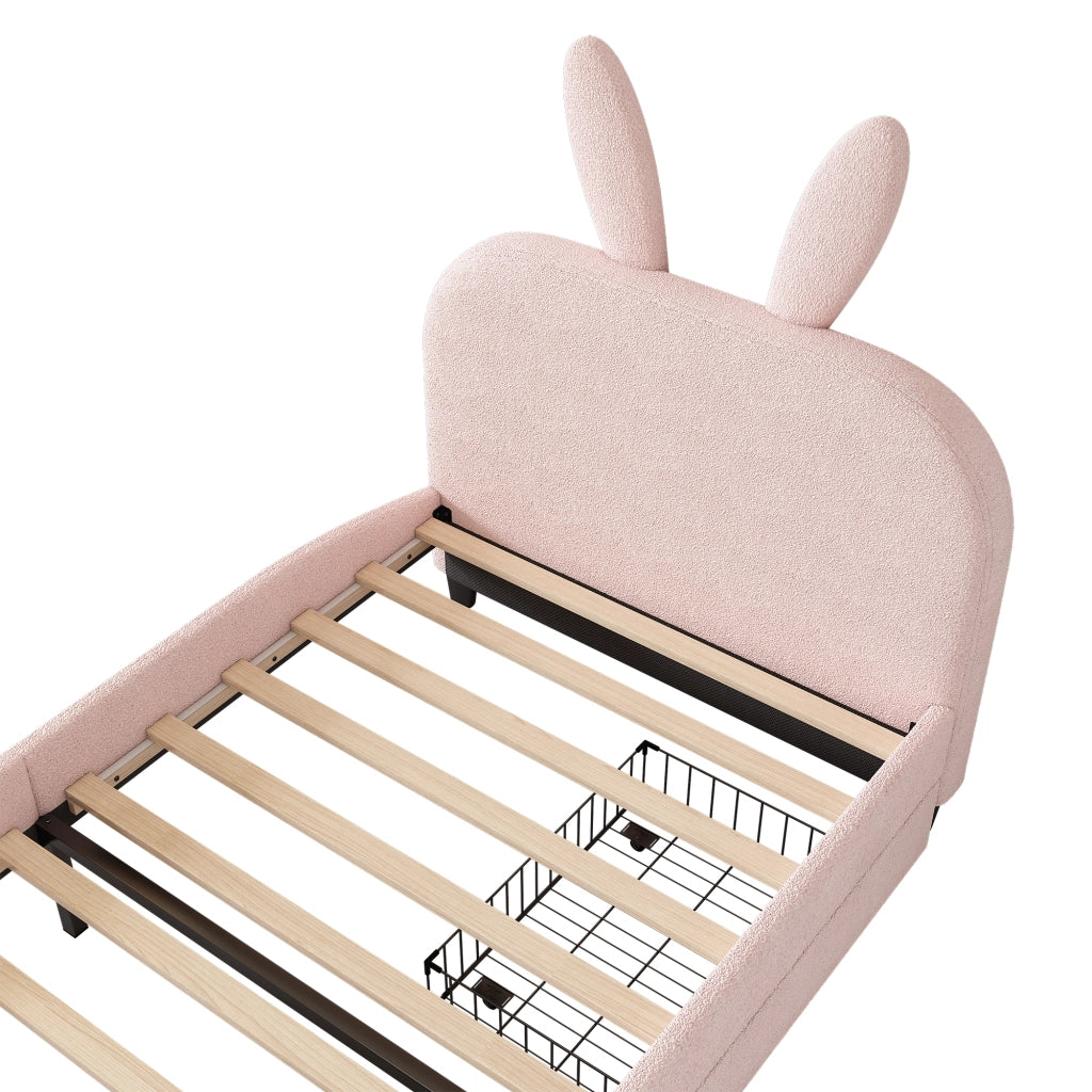 OKWISH Letto Bambini 90×200 cm, Letto Singolo con 2 Cassetti, Testiera a Coniglio e Contenitore, senza Materasso, Rosa