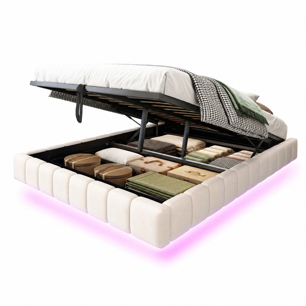 Letto matrimoniale imbottito flottante 140x200 cm con contenitore; LED; beige