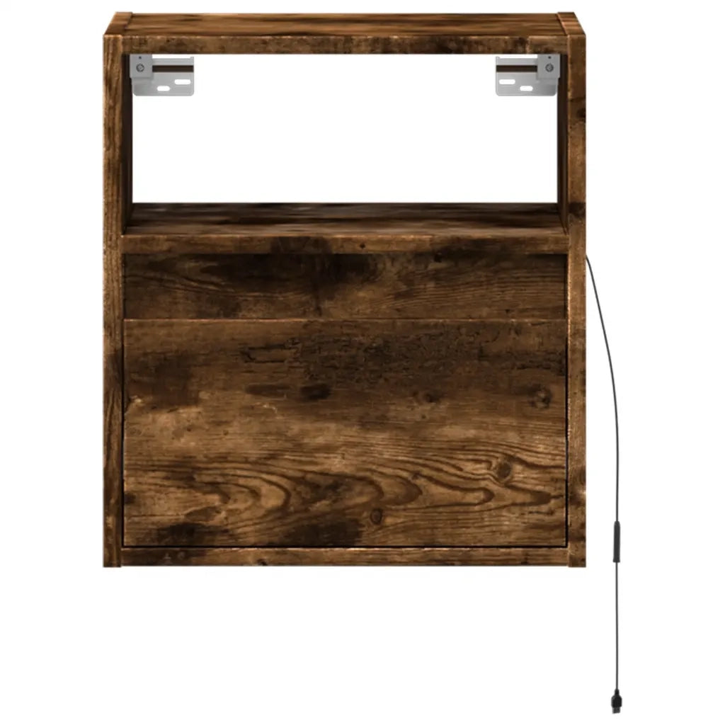Comodino a Parete con Luci LED-Tavolino da notte sospeso Rovere Fumo 758569