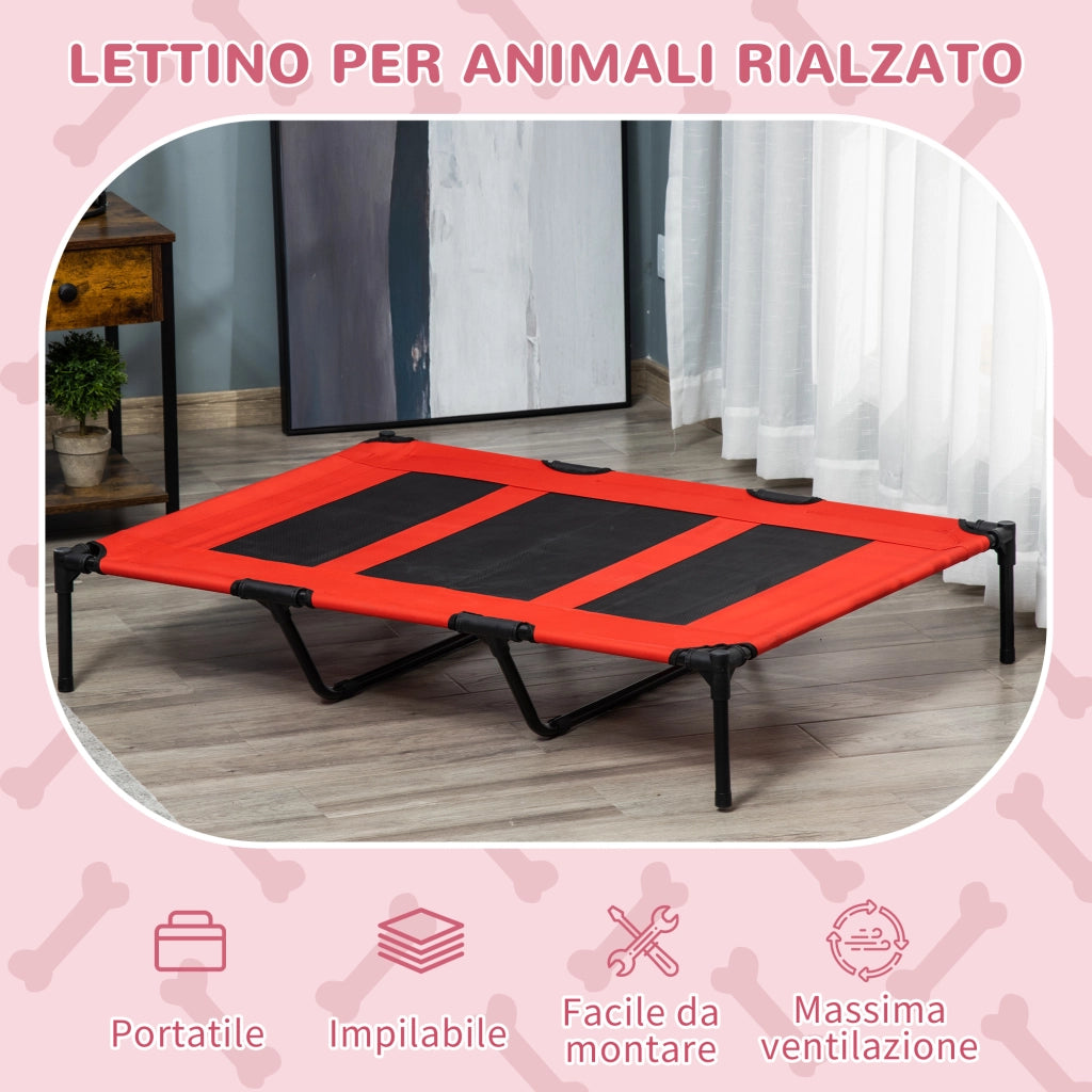 Lettino per Cani 50kg max Rialzato con Borsa da Viaggio, in Metallo e Tessuto Oxford, 122x92x23 cm, Rosso