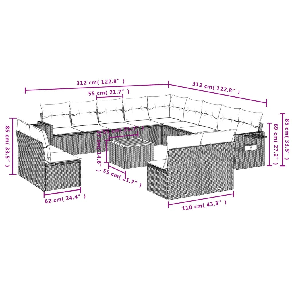 Set Divani da Giardino 14pz con Cuscini in Polyrattan Grigio 3224821