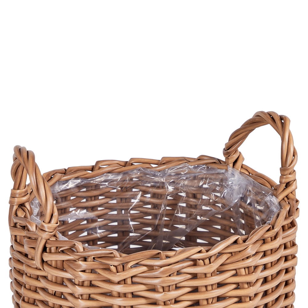 Set di 3 cesti per piante in PE Rattan marrone con manici Intarsio sintetico