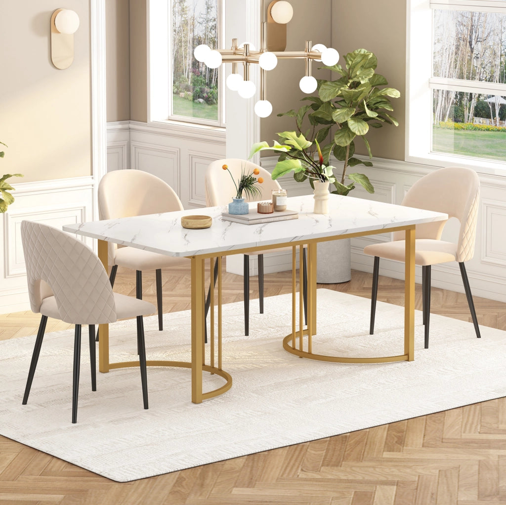 Set da pranzo 140x80x75 cm con tavolo effetto marmo; velluto beige