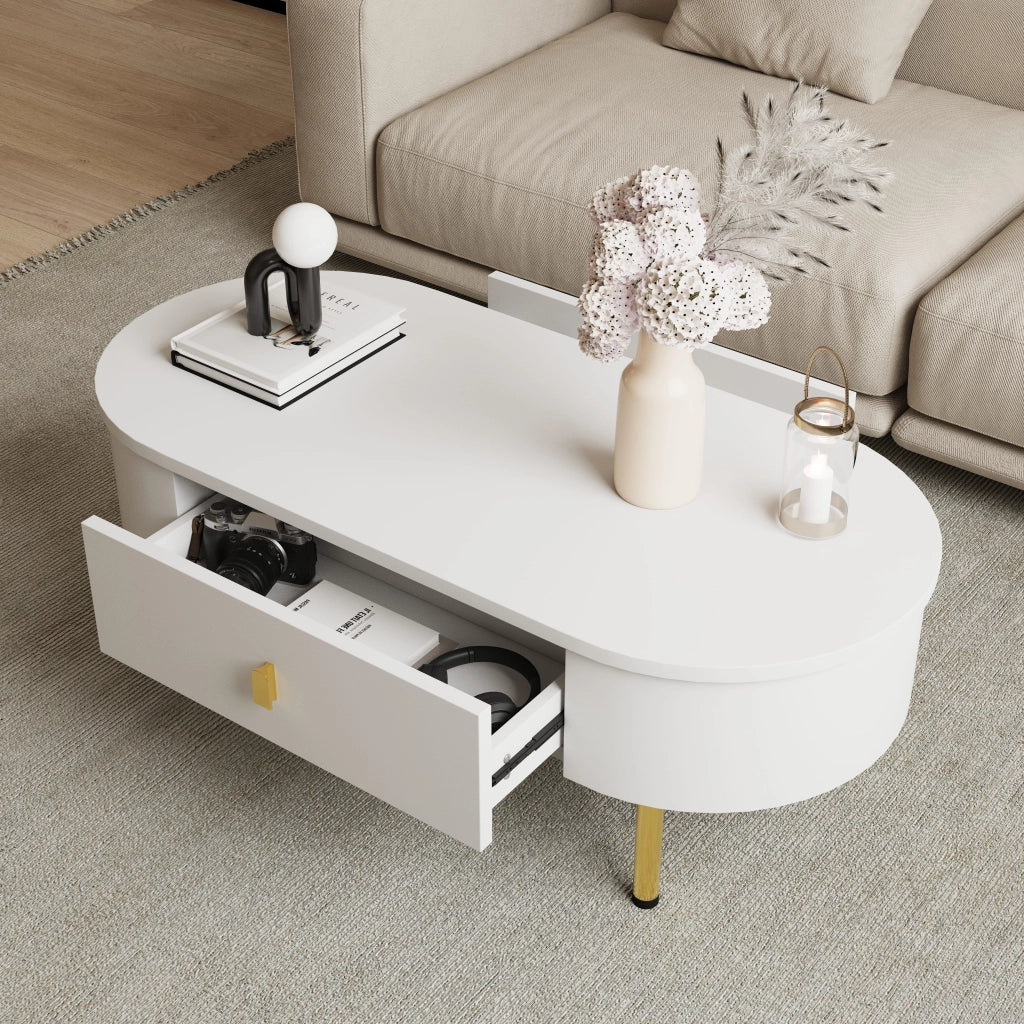 Tavolino da Caffè con 2 Cassetti; Maniglie e Gambe Dorate; Angoli Arrotondati; Stile Moderno; in MDF; Bianco; 108×50×40 cm
